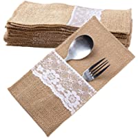 20pcs Cubierto Yute Arpillera Saco Bolsas Tenedor Cuchillo Cuchara con Encaje para Boda Decoración de Mesa Fiestas…
